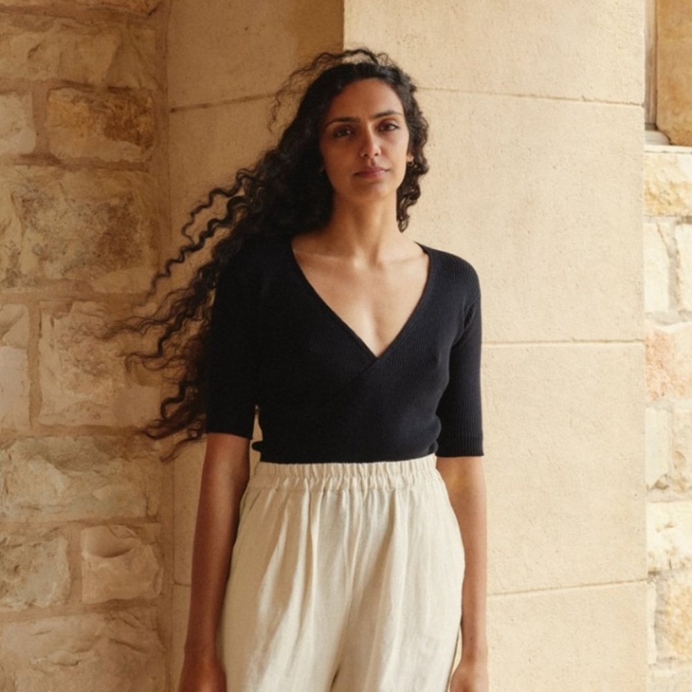 First Rite crossover short sleeved sweater - black, medium